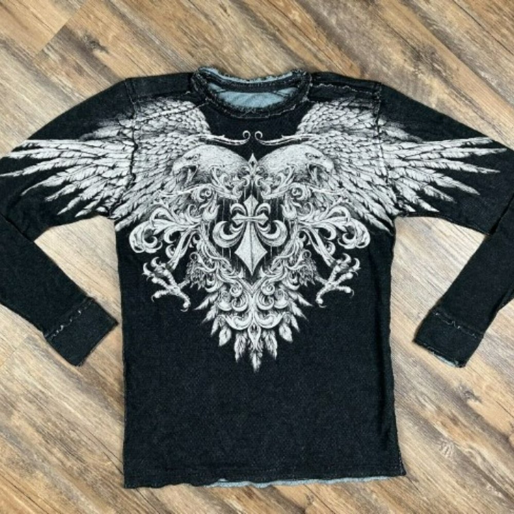 Affliction Reversible Shirt Men's XL Black Wings Eagle Rock Distressed